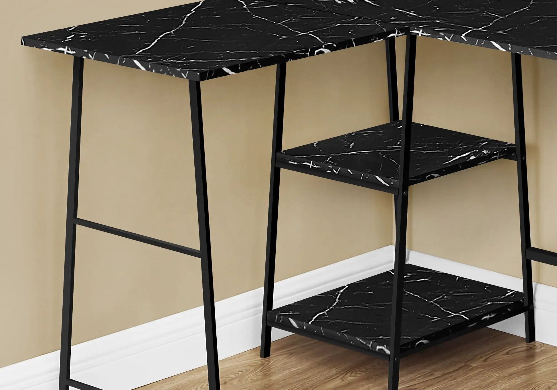 Corner desk black marble-look laminate top, metal frame, two-tier shelf Unique Piece Furniture on Tampa Home & Garden Store