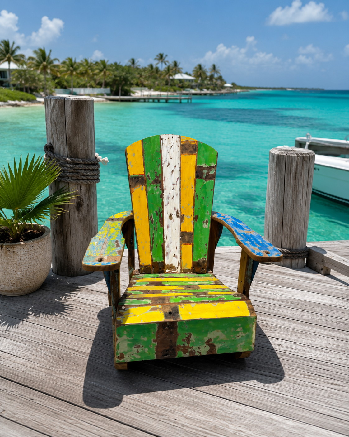 Recycled boat wood Adirondack rocking chair by The Broward Design Center on a dock on Tampa Home & Garden Store
