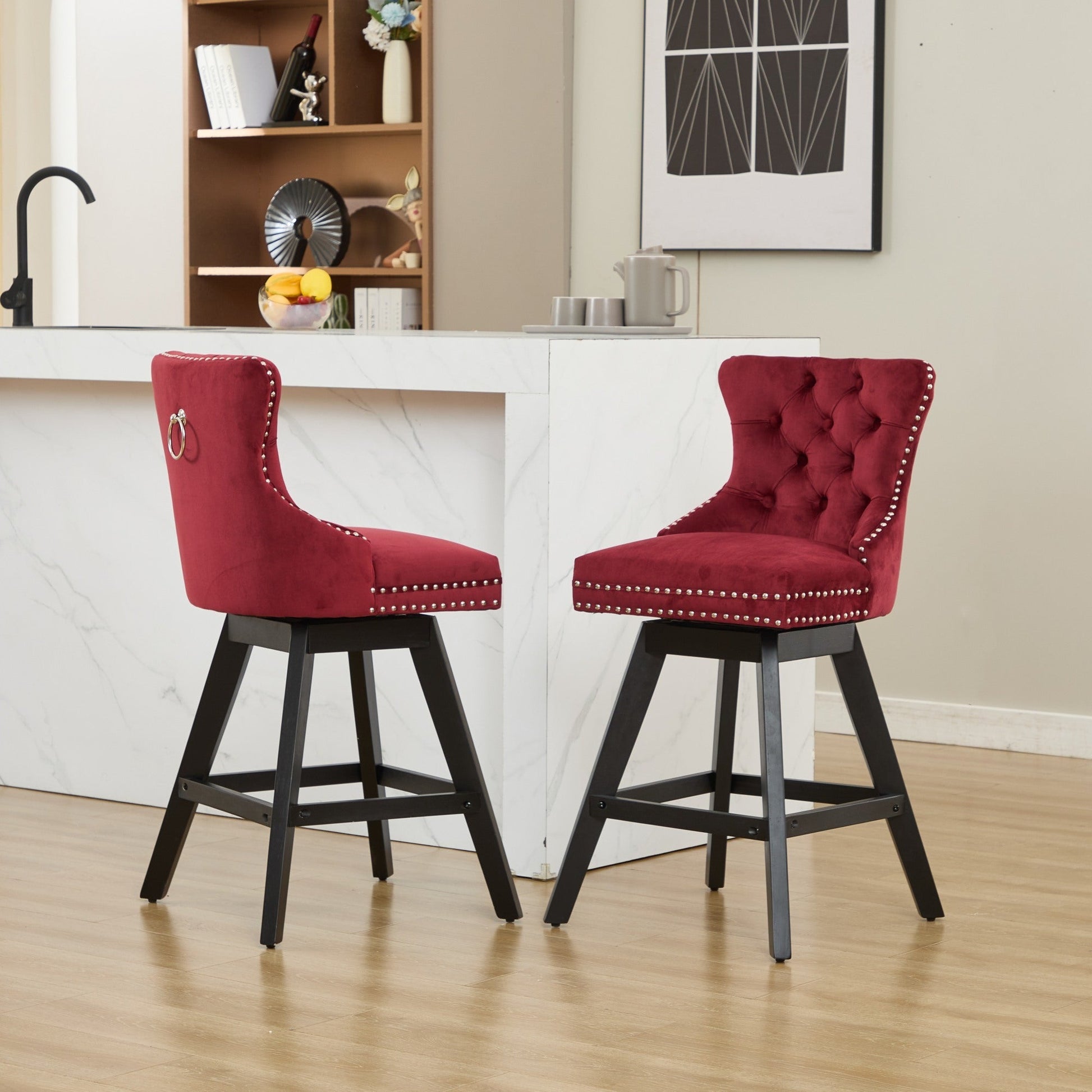 Swivel velvet barstools with button tufting, wine red, set of 2 by HouseOfZazla on Tampa Home & Garden Store