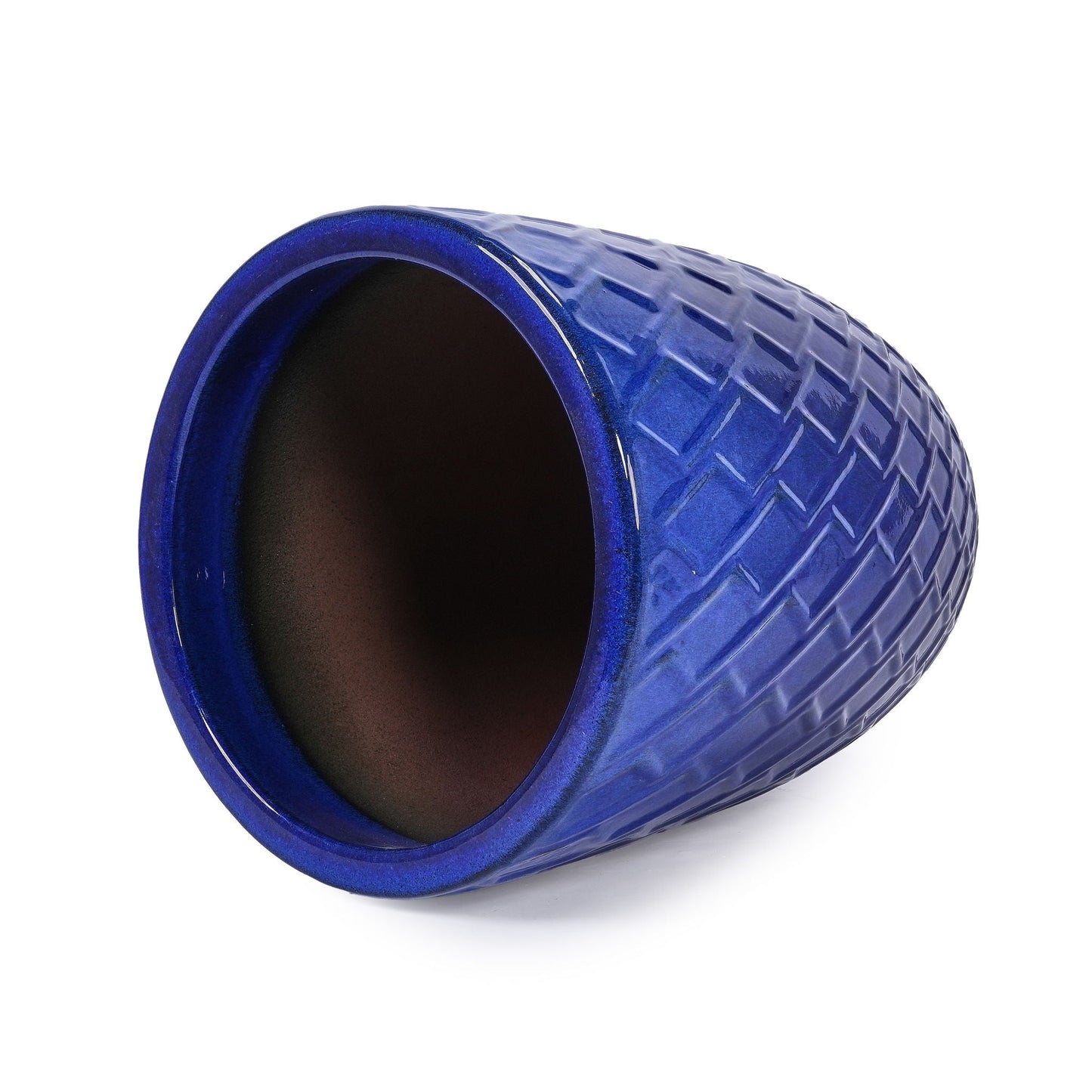 Blue ceramic planter with diamond-textured surface and curved rim for patio or windowsill on Tampa Home & Garden Store