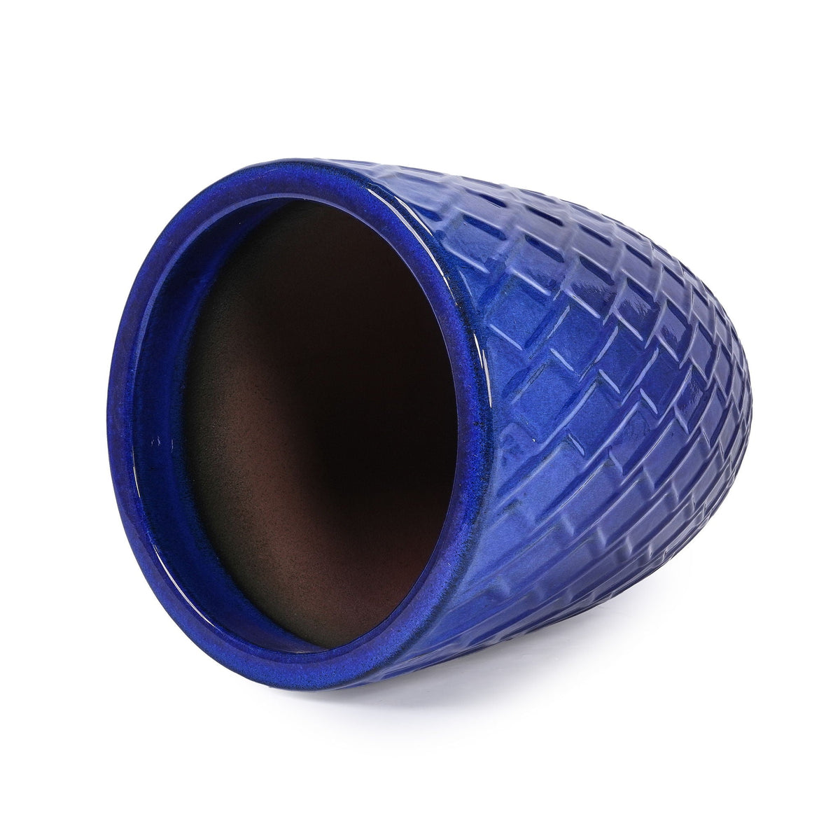 Blue ceramic planter with diamond-textured surface and curved rim for patio or windowsill on Tampa Home & Garden Store