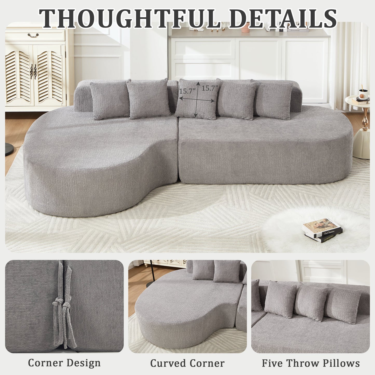 Curved Chenille Sectional Sofa and Pillows