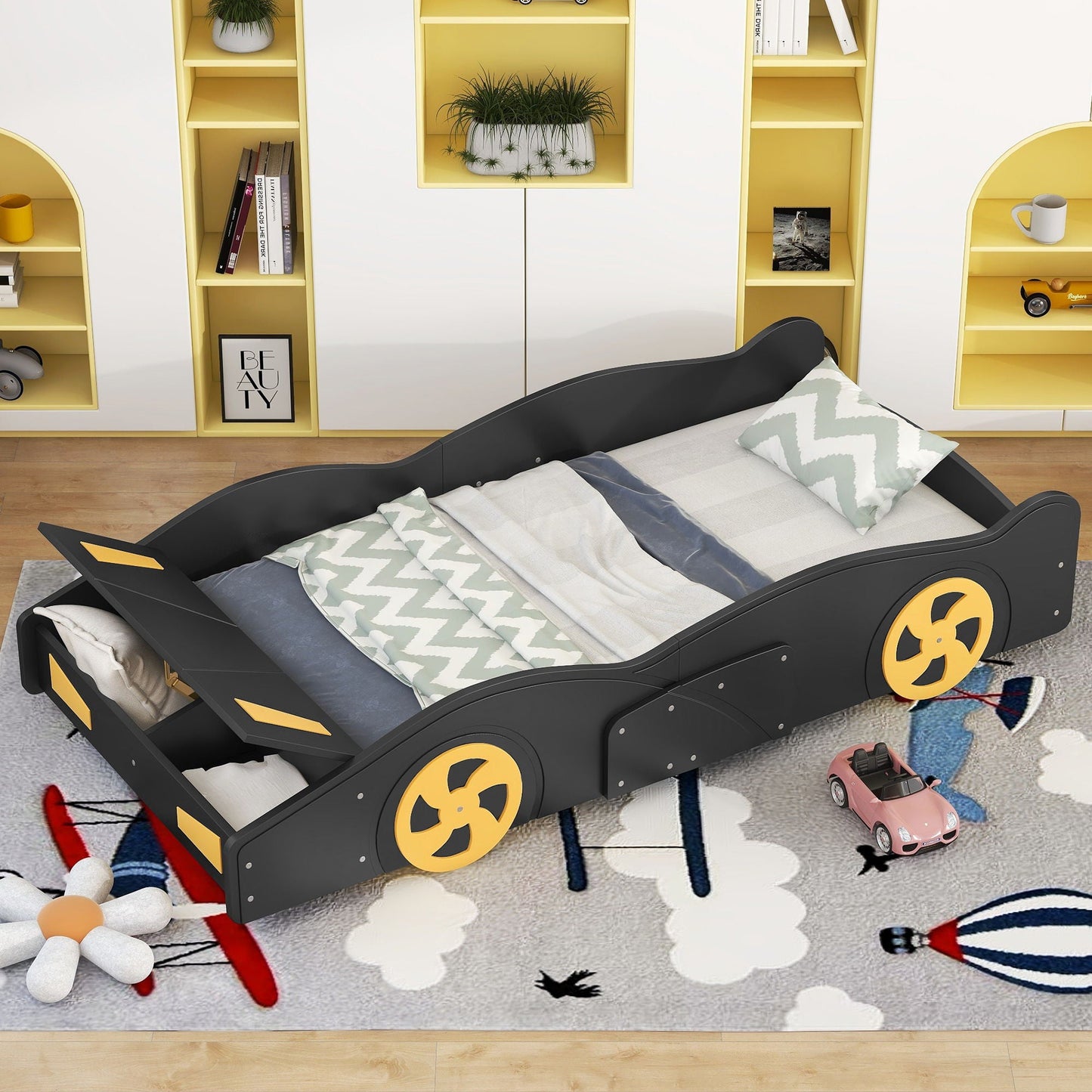 Race Car Shaped Bed with Wheels and Storage, black frame with yellow accents HouseOfZazla on Tampa Home & Garden Store