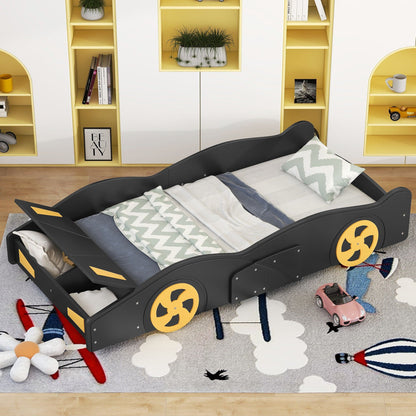 Race Car Shaped Bed with Wheels and Storage, black frame with yellow accents HouseOfZazla on Tampa Home & Garden Store