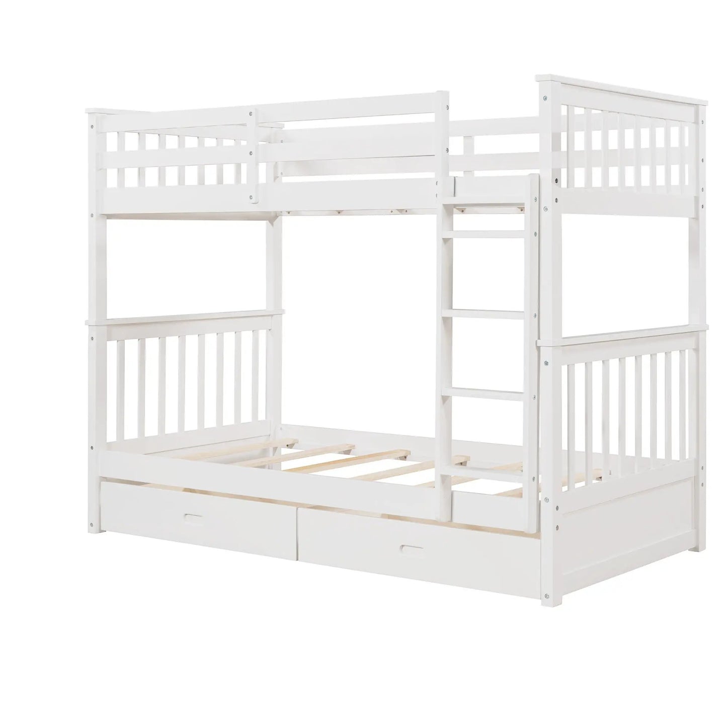 White wooden bunk bed with built-in ladder and two under-bed storage drawers on Tampa Home & Garden Store
