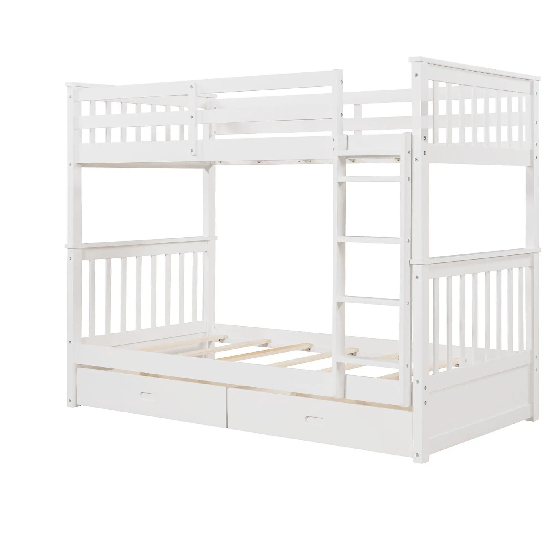 White wooden bunk bed with built-in ladder and two under-bed storage drawers on Tampa Home & Garden Store