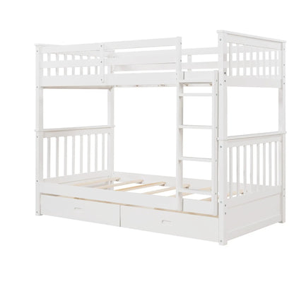 White wooden bunk bed with built-in ladder and two under-bed storage drawers on Tampa Home & Garden Store