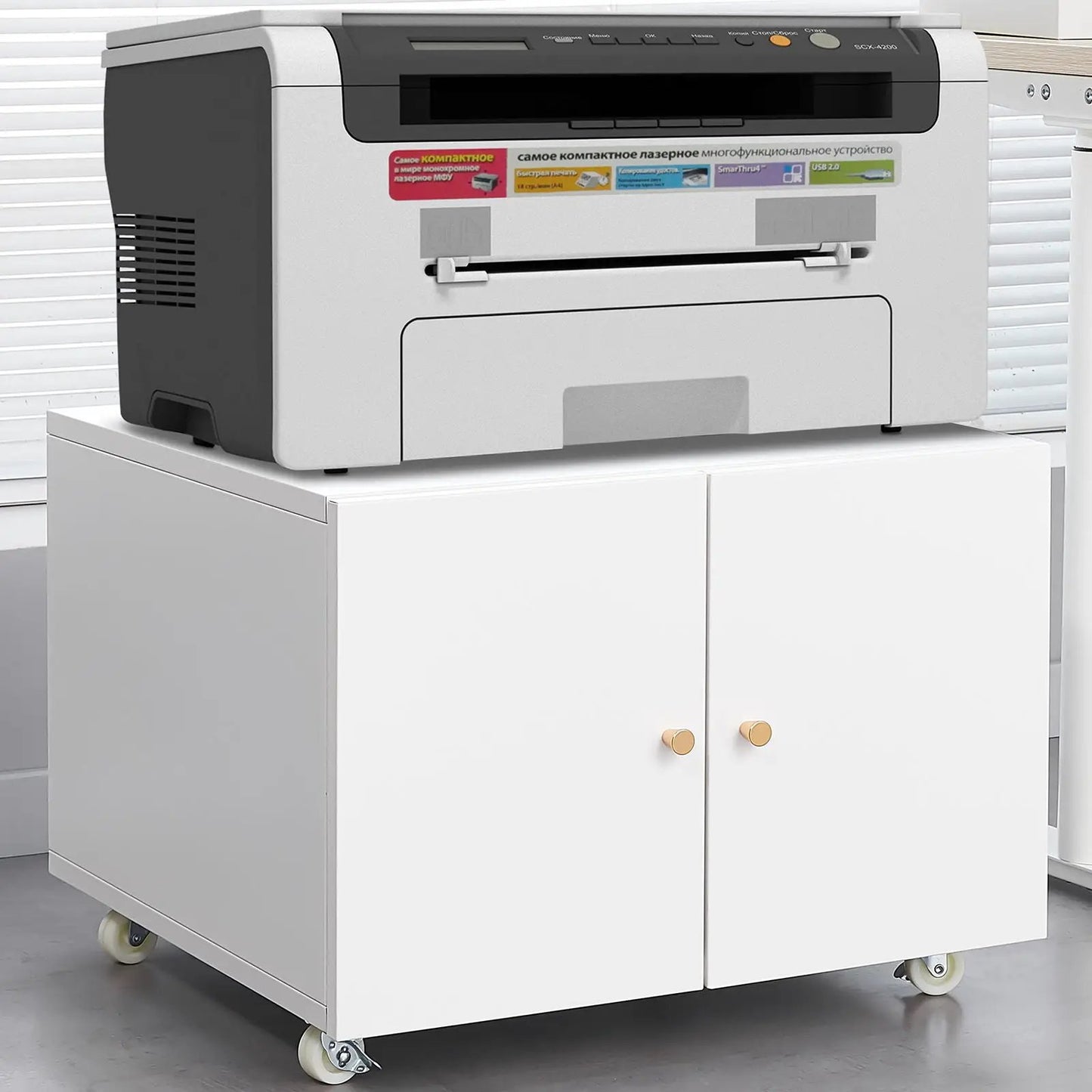 Copier cabinet with 2 gray steel doors on caster wheels supporting a top printer on Tampa Home & Garden Store