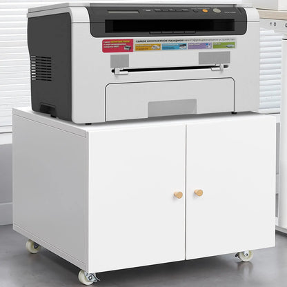 Copier cabinet with 2 gray steel doors on caster wheels supporting a top printer on Tampa Home & Garden Store