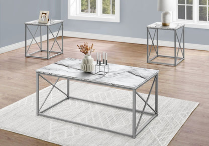 Three-piece coffee and end tables with marble laminate tops and gray metal X-frame bases on Tampa Home & Garden Store