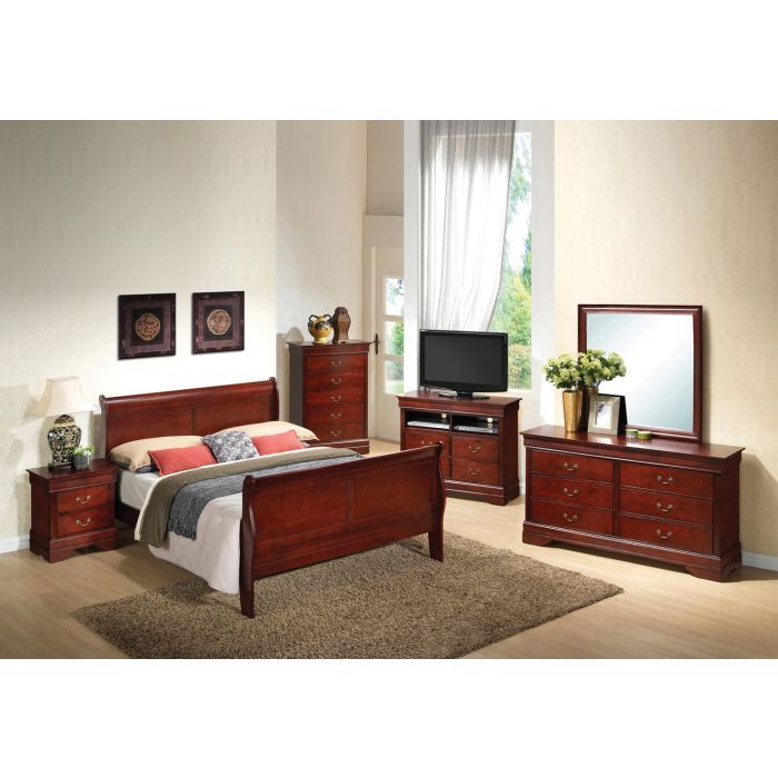 Panel Sleigh Bed in dark cherry from HouseOfZazla with 2 nightstands, tall chest, dresser on Tampa Home & Garden Store
