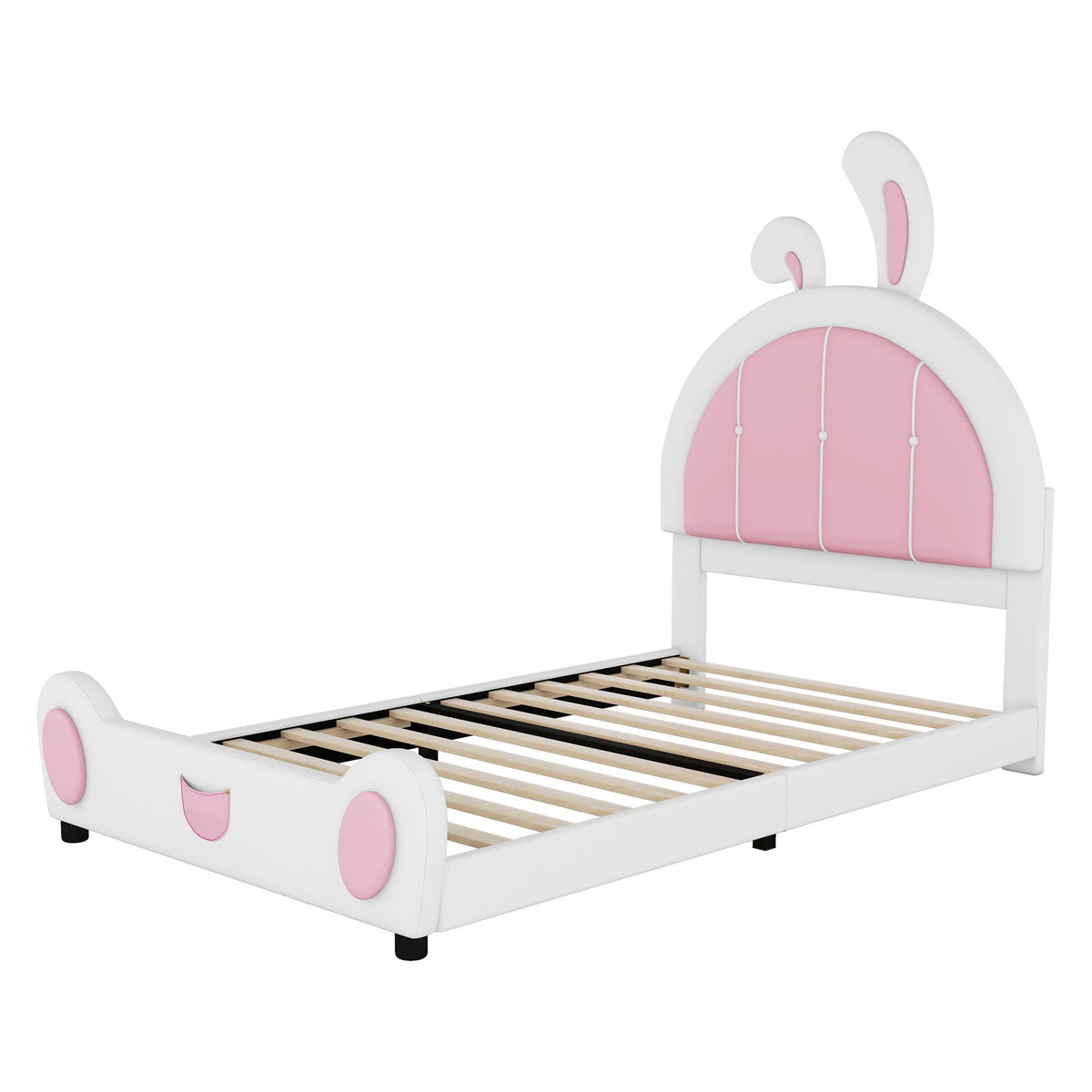 Upholstered platform bed with rabbit-shaped headboard in white and pink by HouseOfZazla on Tampa Home & Garden Store