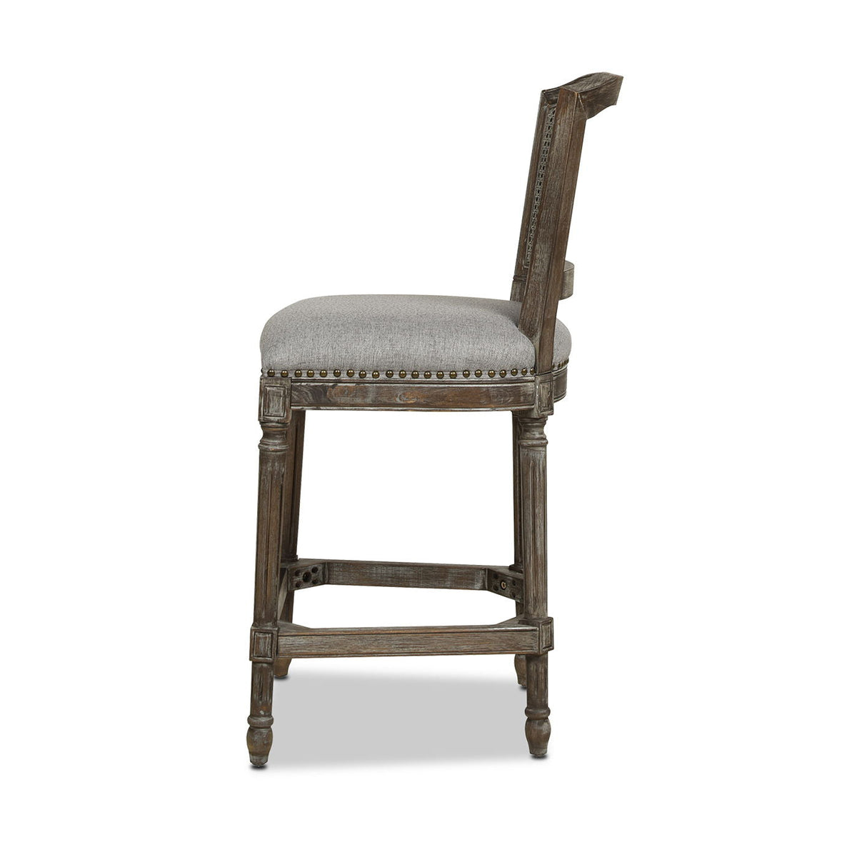 Rattan wicker high-back counter bar stool with oak frame and gray upholstery on Tampa Home & Garden Store