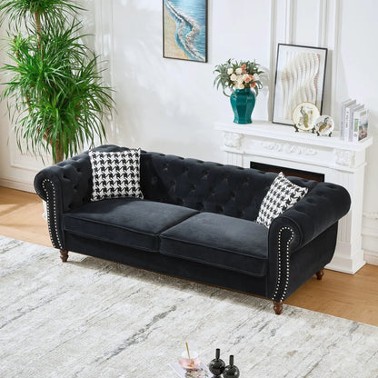 Chesterfield velvet fabric sofa with roll arms and nailhead trim in dark navy on Tampa Home & Garden Store