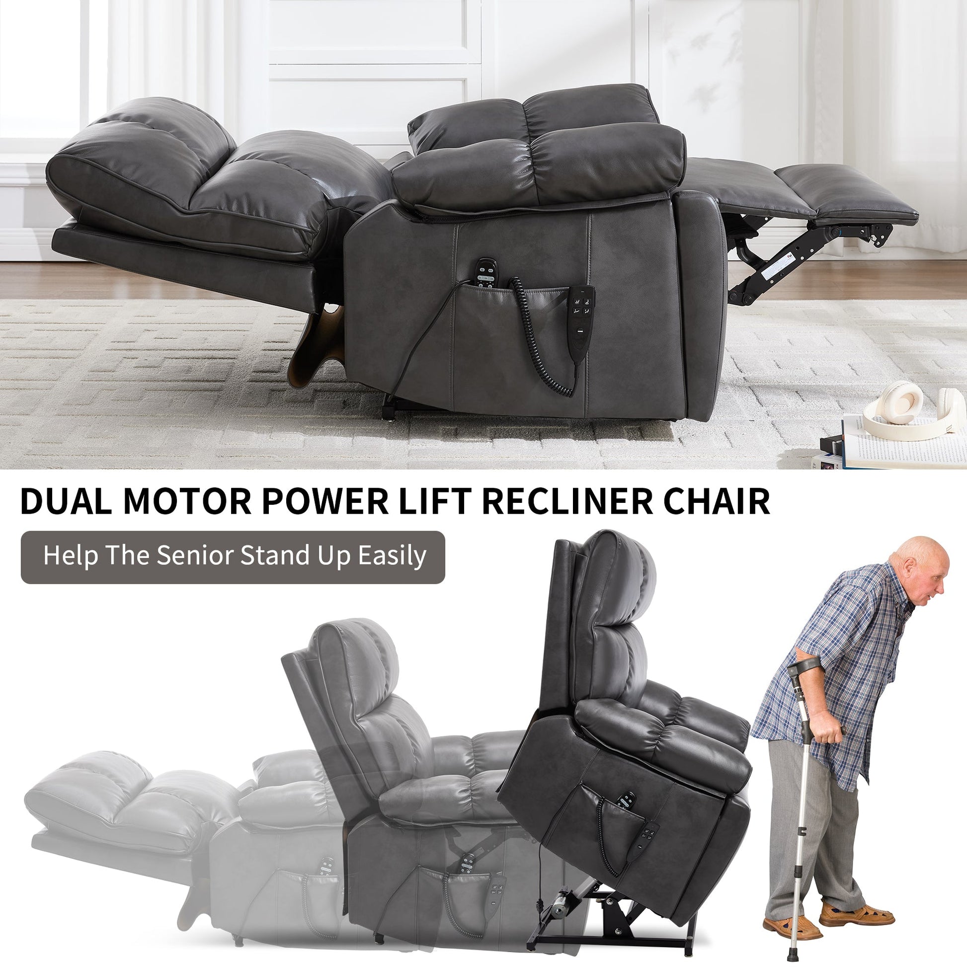 ComfortMax dark oversized lift recliner chair by HouseOfZazla with remote control and side pocket on Tampa Home & Garden Store