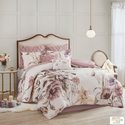 8 Piece Cotton Printed Comforter Set Blush King by HouseOfZazla floral pink botanical print on Tampa Home & Garden Store