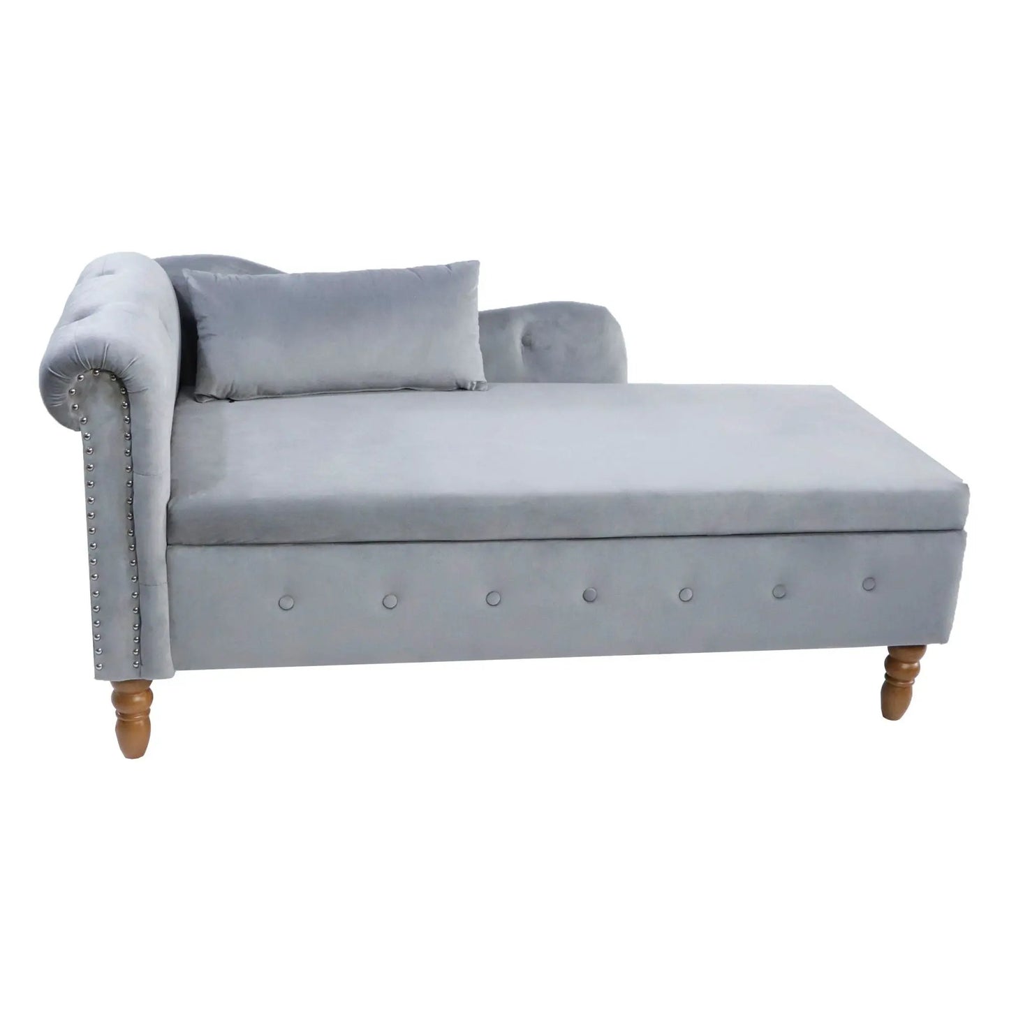 Chaise lounge in grey upholstery with a rolled arm, nailhead trim, and two cushions on Tampa Home & Garden Store