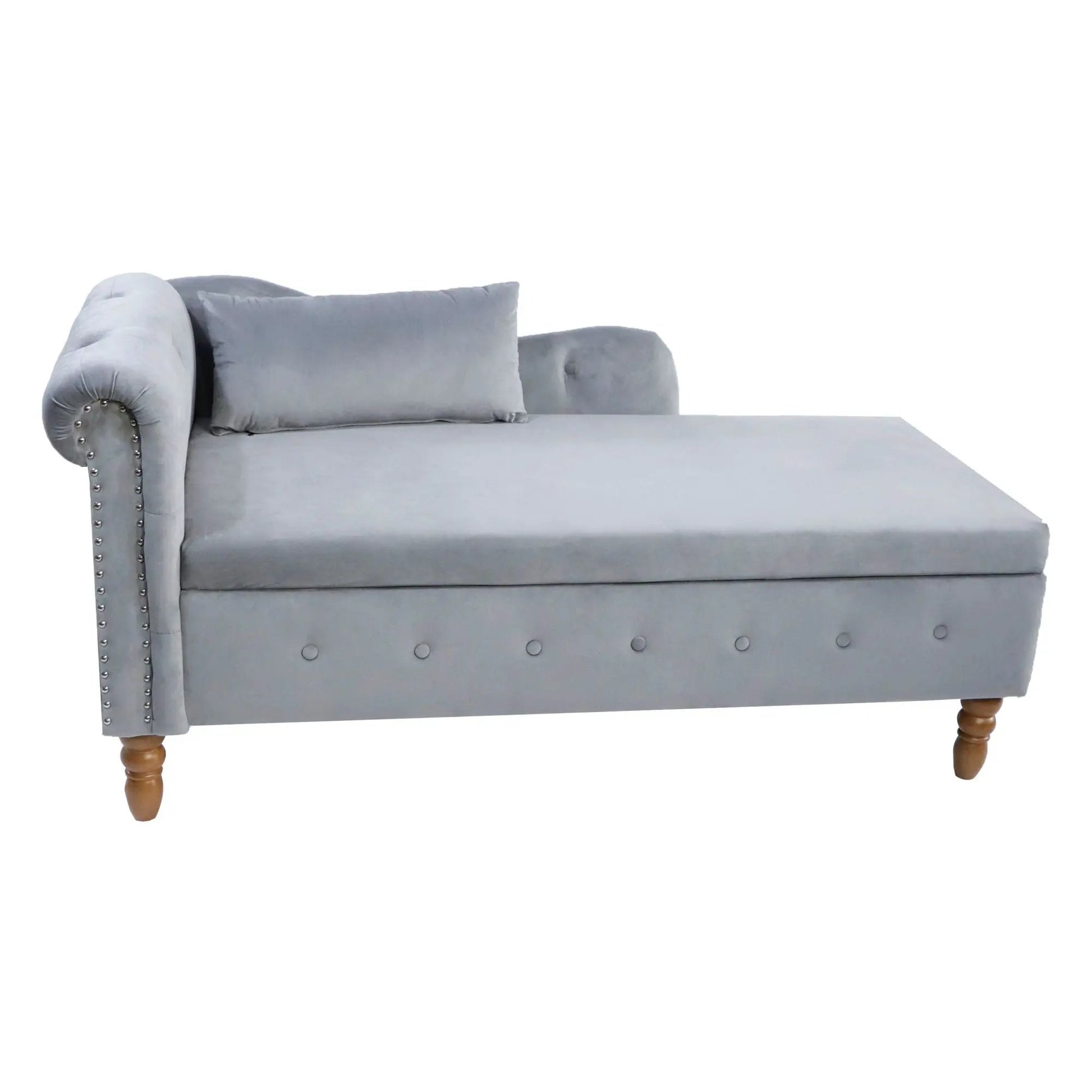 Chaise lounge in grey upholstery with a rolled arm, nailhead trim, and two cushions on Tampa Home & Garden Store