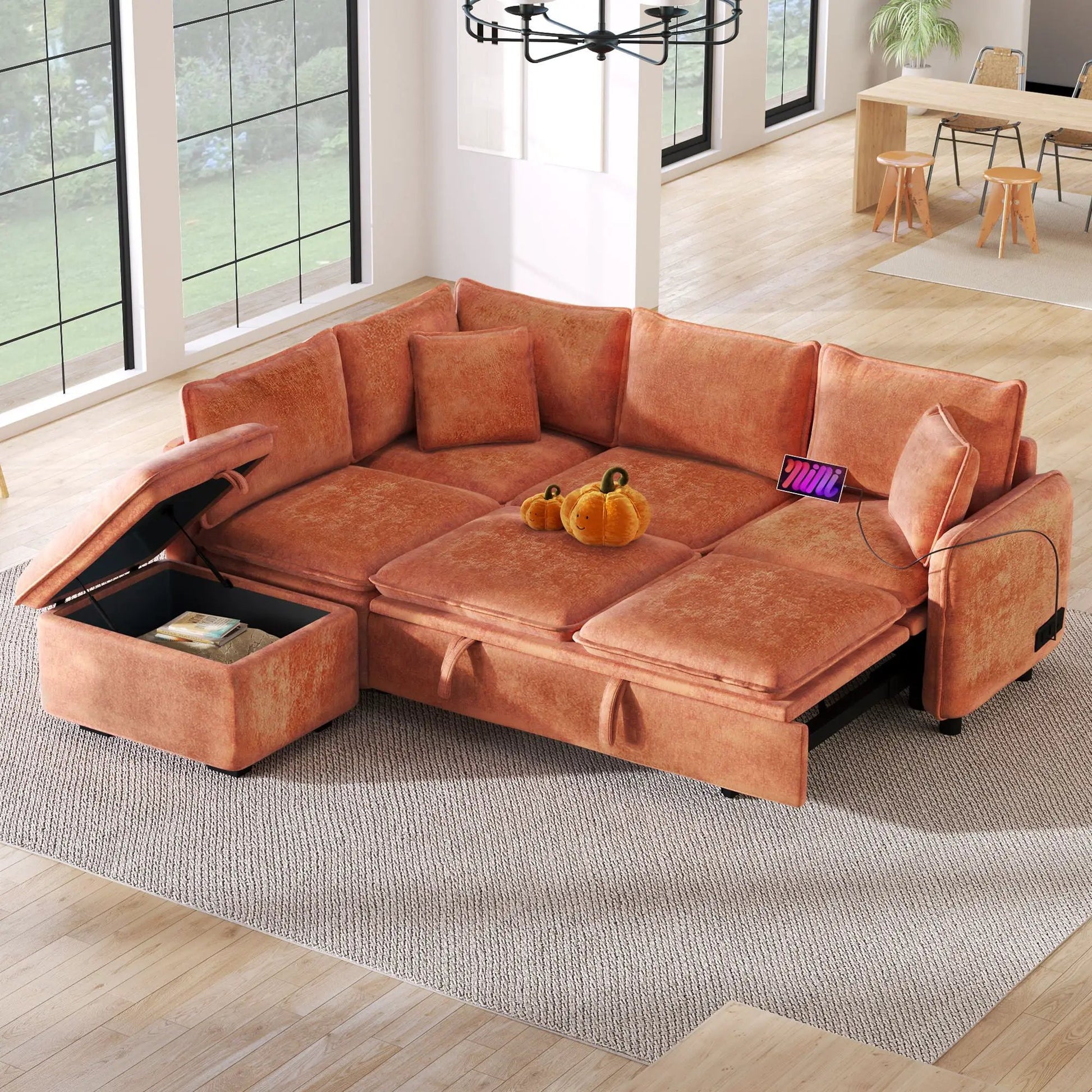 Convertible sofa bed sectional with storage ottoman, orange velvet upholstery, 2 pillows on Tampa Home & Garden Store