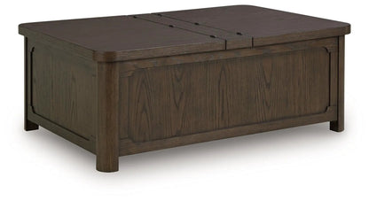 Breckington dark brown storage cocktail table with hinged lid and panel sides by Unique Piece on Tampa Home & Garden Store
