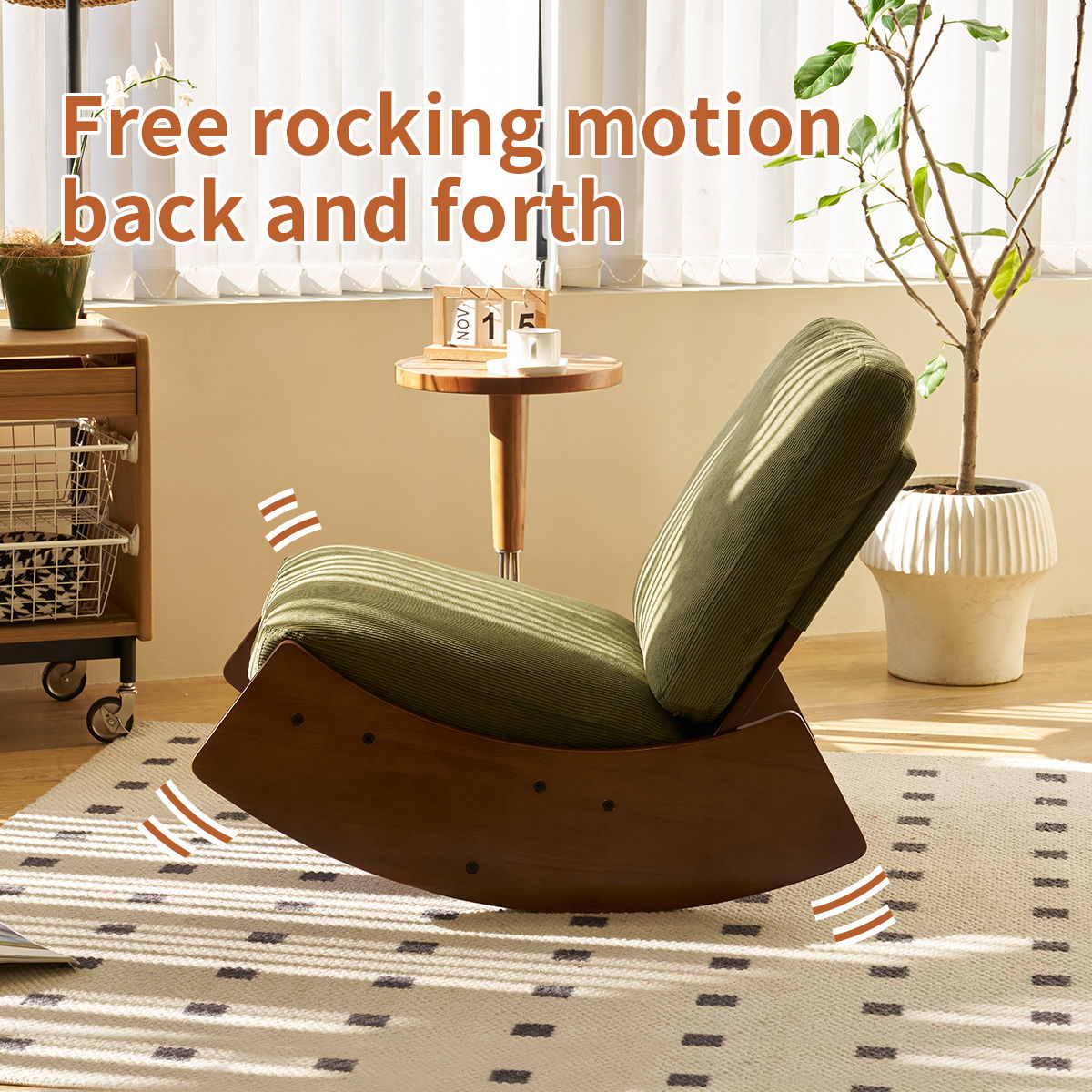 Upholstered glider rocking chair with a solid wood curved base in green fabric on Tampa Home & Garden Store