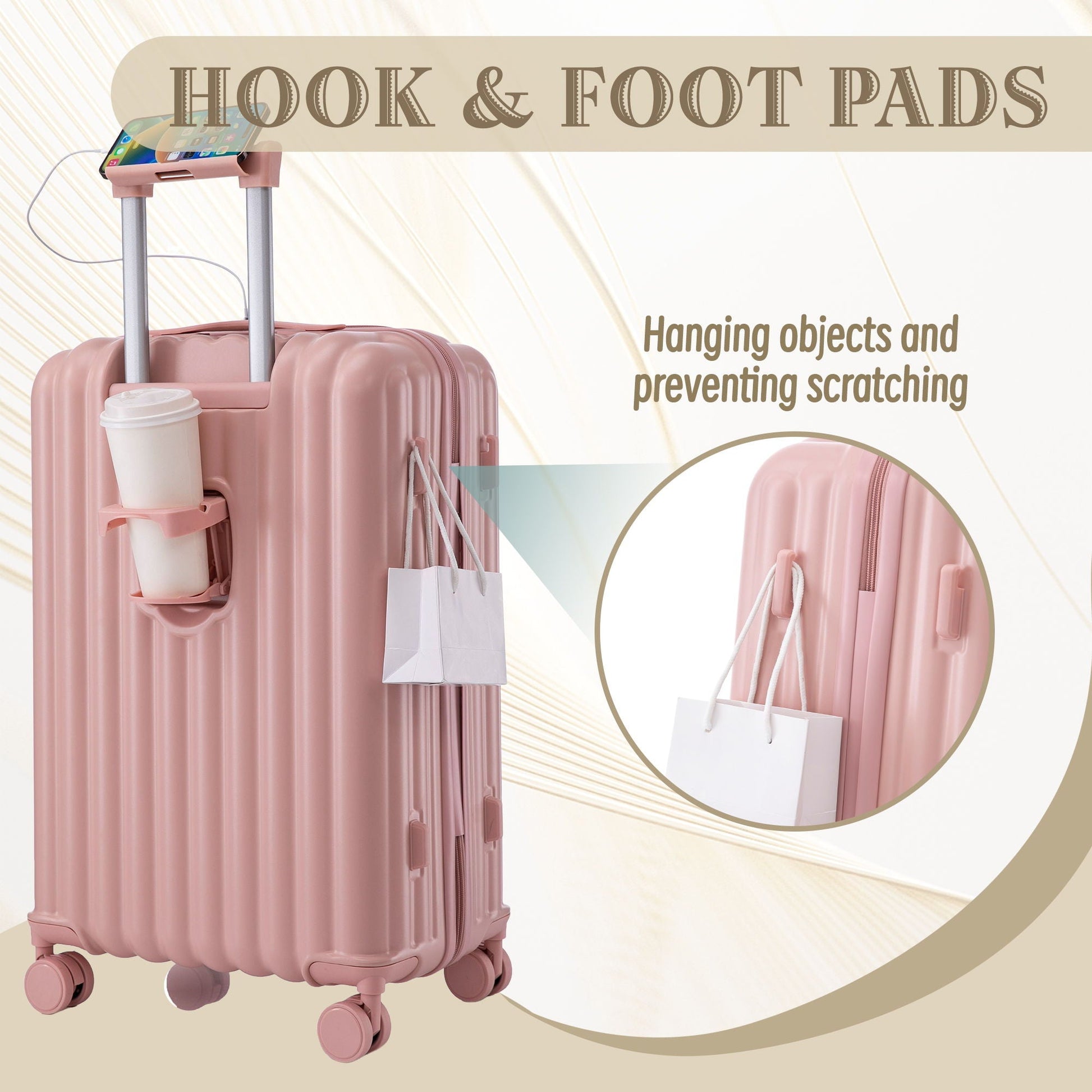 HouseOfZazla 3-piece pink spinner luggage set with cup holder and phone holder on Tampa Home & Garden Store