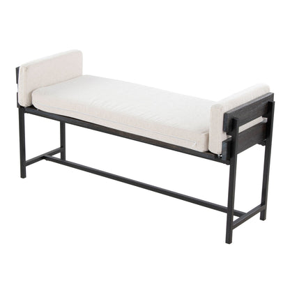 Farmhouse Luxe Upholstered Bench with Wood Panel Accent in beige linen, black wood frame on Tampa Home & Garden Store