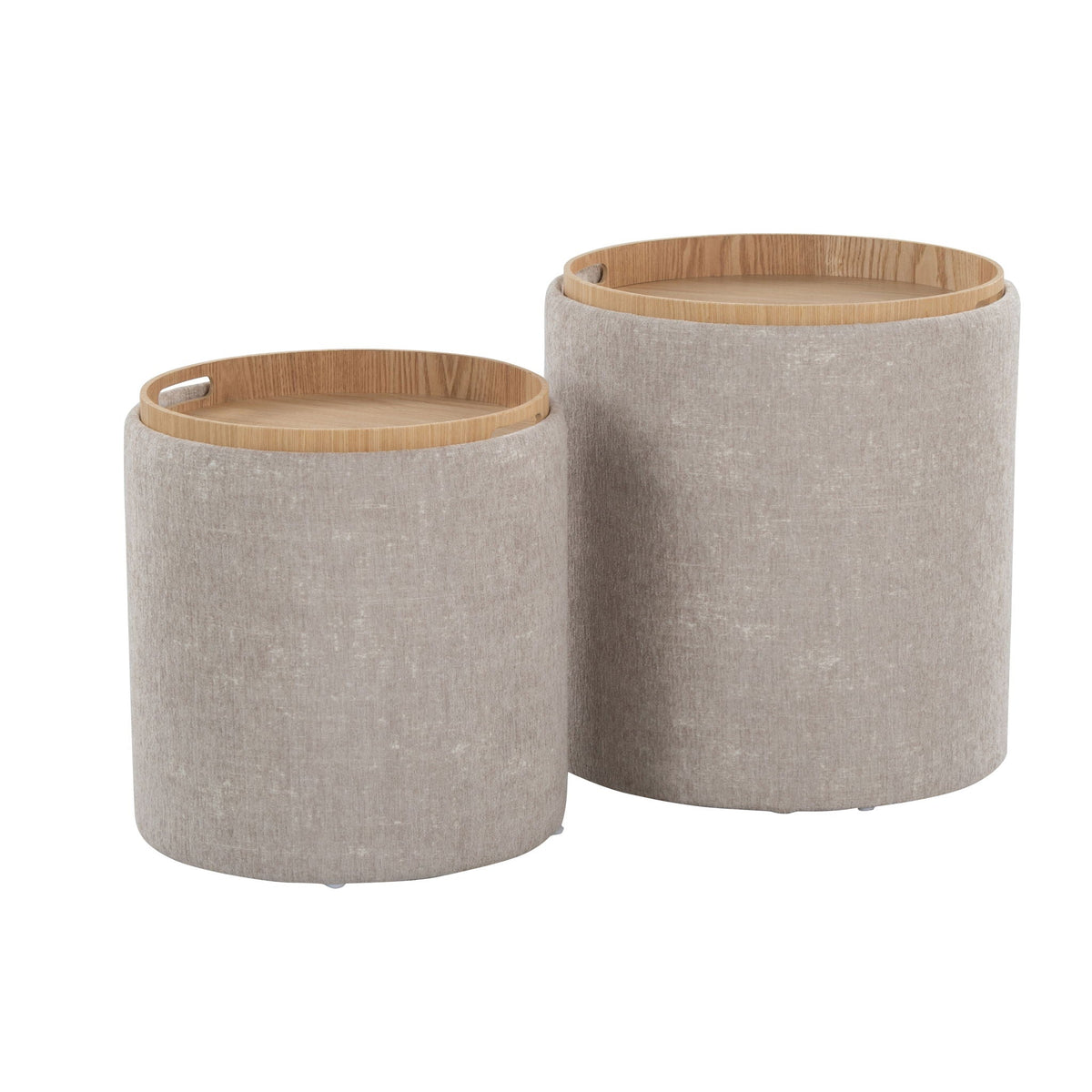 Nesting Ottoman Set with Flip Tray Top by HouseOfZazla, 2 pcs, beige fabric and wood lids on Tampa Home & Garden Store