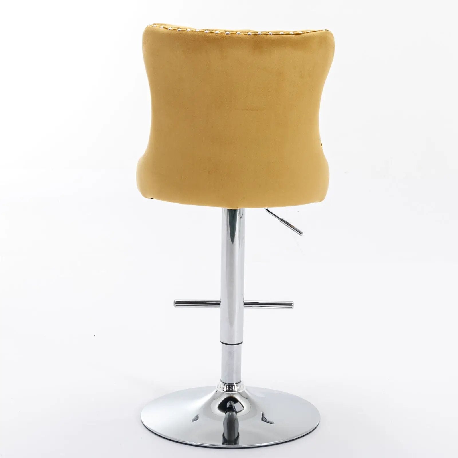 Tan upholstered swivel bar stool with curved back, nailhead trim, chrome pedestal base on Tampa Home & Garden Store