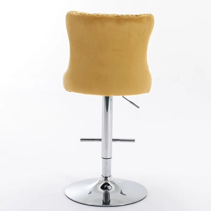 Tan upholstered swivel bar stool with curved back, nailhead trim, chrome pedestal base on Tampa Home & Garden Store