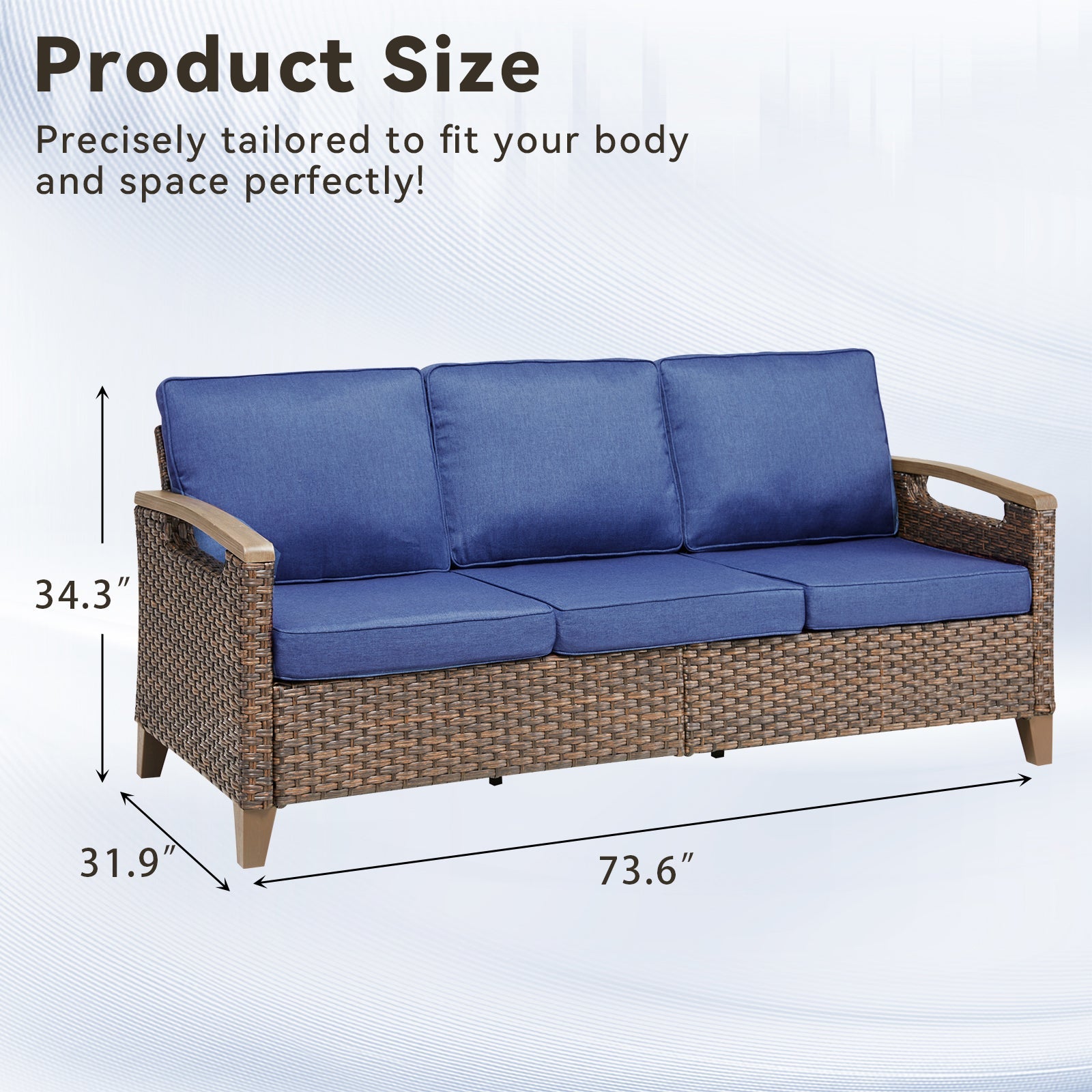 73.6 inch wide outdoor wicker patio sofa by HouseOfZazla with blue cushions on Tampa Home & Garden Store