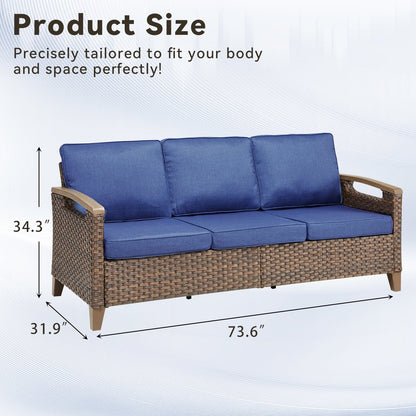 73.6 inch wide outdoor wicker patio sofa by HouseOfZazla with blue cushions on Tampa Home & Garden Store
