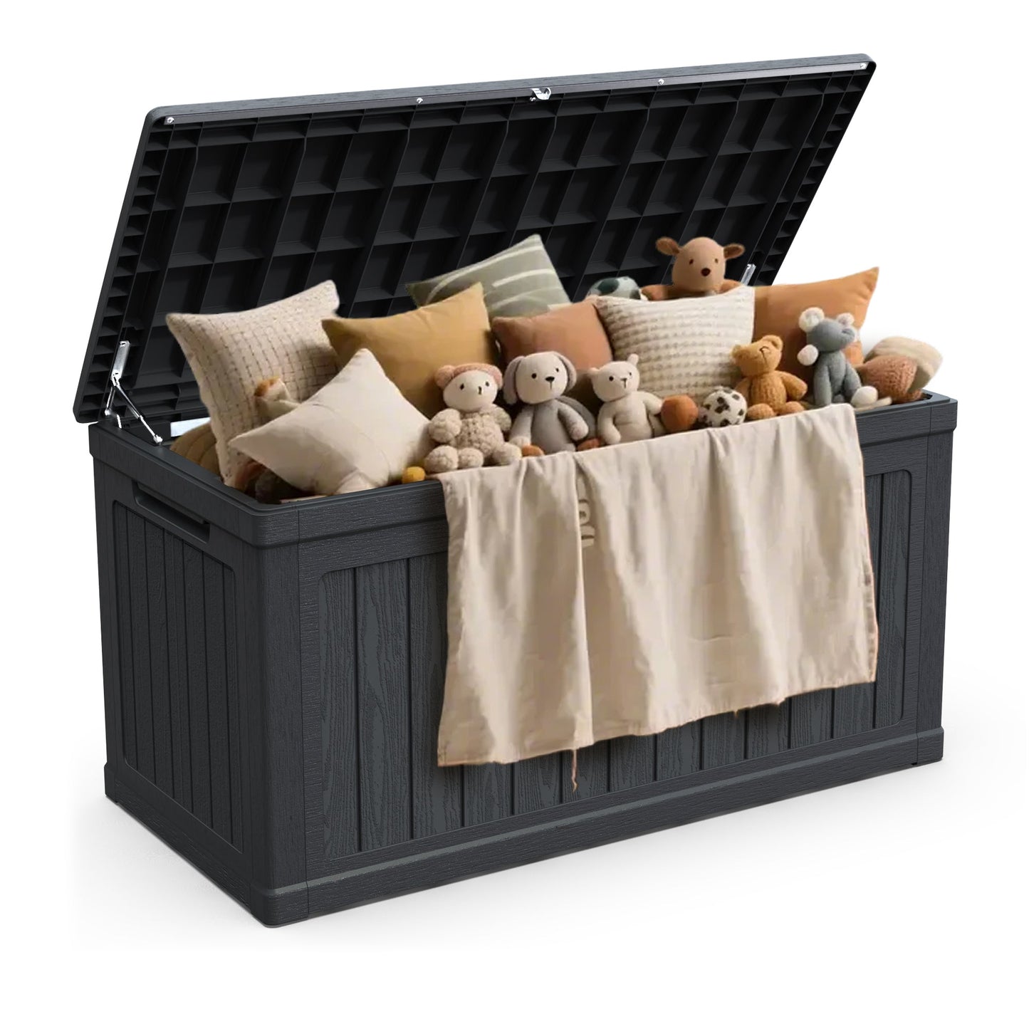 230 Gallon Large Outdoor Storage XXL Deck Box black plastic open lid with toys on Tampa Home & Garden Store