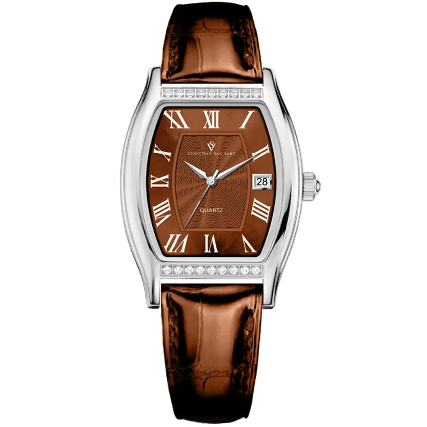 Christian Van Sant Gemma watch brown dial with Roman numerals, silver case, leather strap on Tampa Home & Garden Store