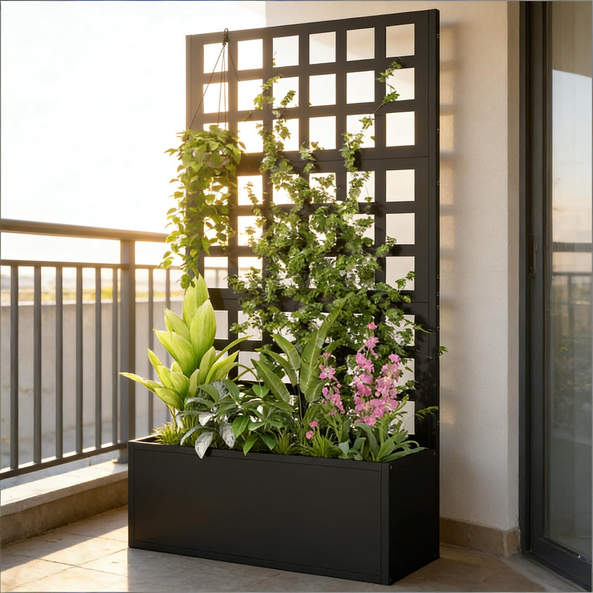 Planter Box Raised Garden Bed in black metal grid trellis with climbing plants on balcony on Tampa Home & Garden Store
