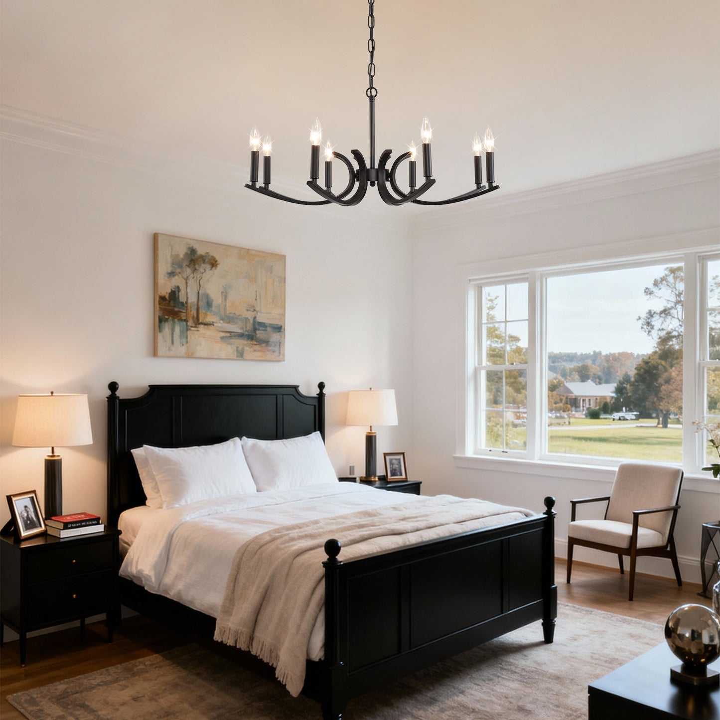 8-Light Farmhouse Chandelier black metal curved-arm hanging fixture HouseOfZazla on Tampa Home & Garden Store