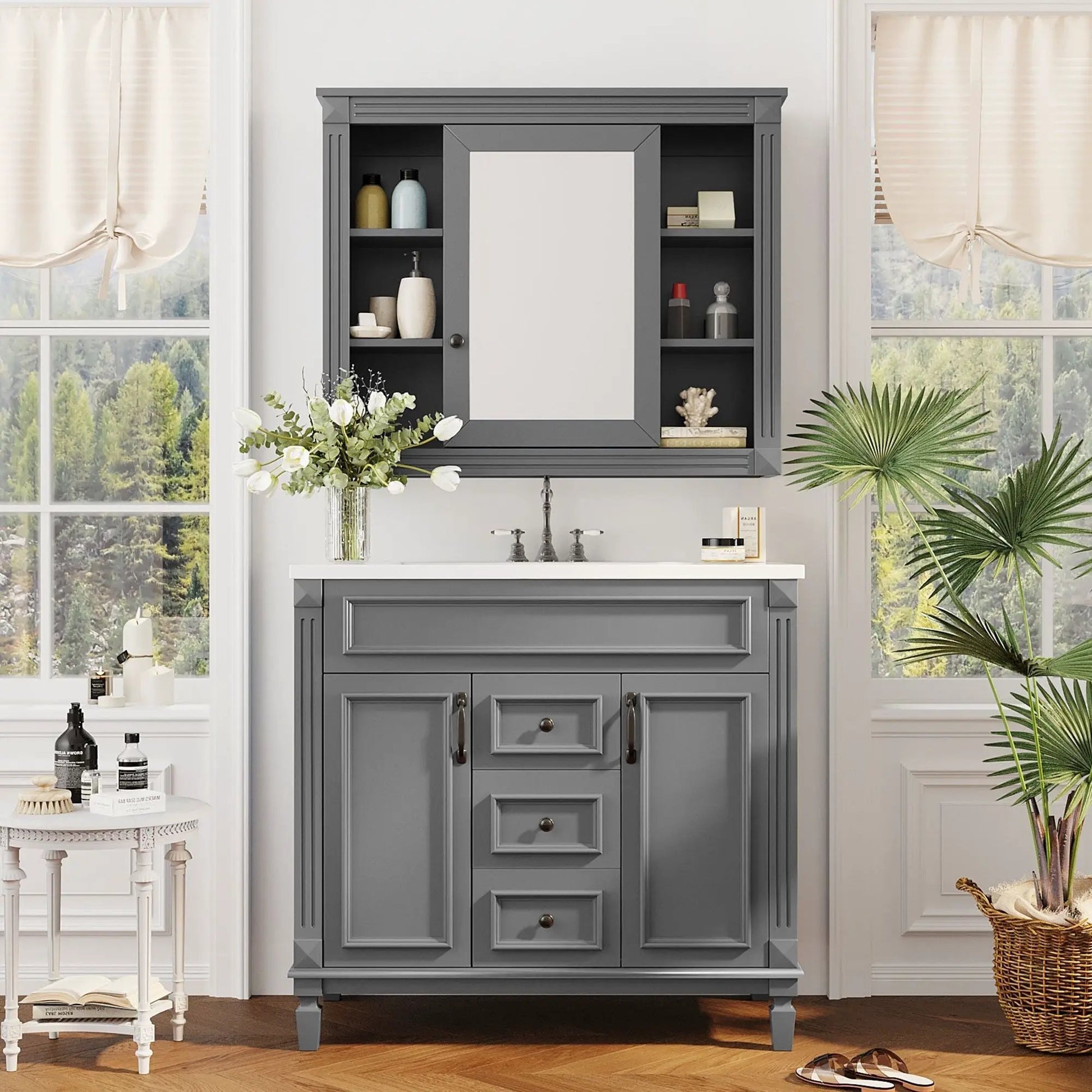 Bathroom vanity with top sink and mirror cabinet in gray, 2 doors & 2 drawers by Unique Piece on Tampa Home & Garden Store