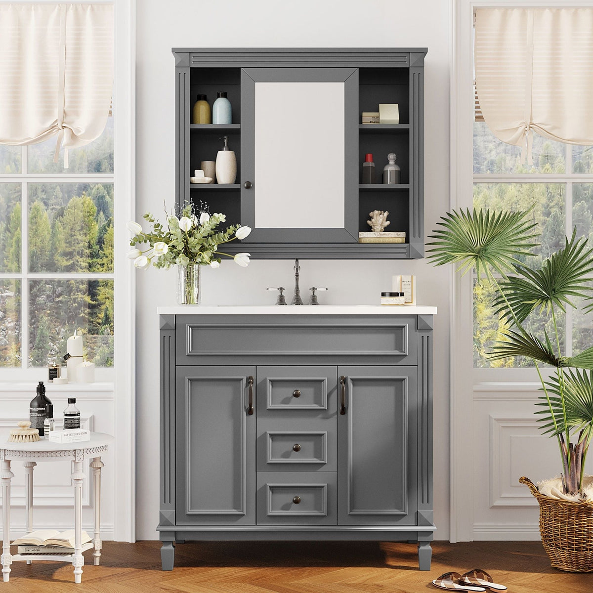 Dark gray bathroom vanity with sink and mirror cabinet, soft-closing doors HouseOfZazla on Tampa Home & Garden Store