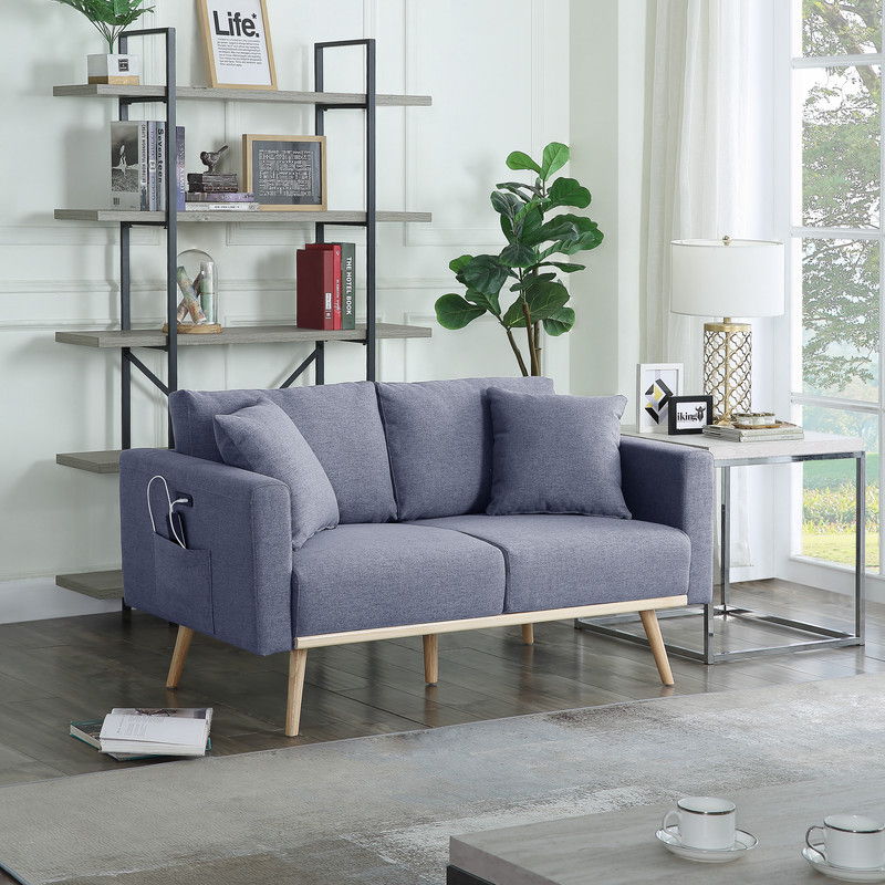 Easton Fabric Loveseat by HouseOfZazla in blue-gray fabric with USB ports, pockets, pillows on Tampa Home & Garden Store