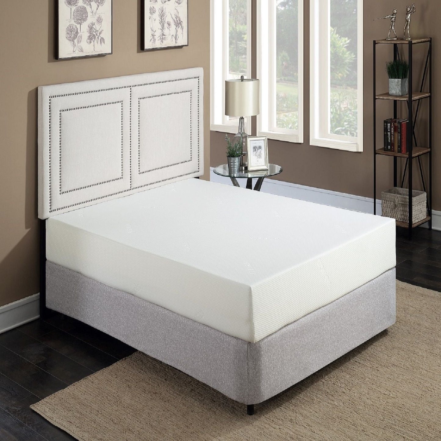 10in Plush Gel Memory Foam Mattress with Aloe Vera cover on white mattress atop gray base in a beige bedroom on Tampa Home & Garden Store