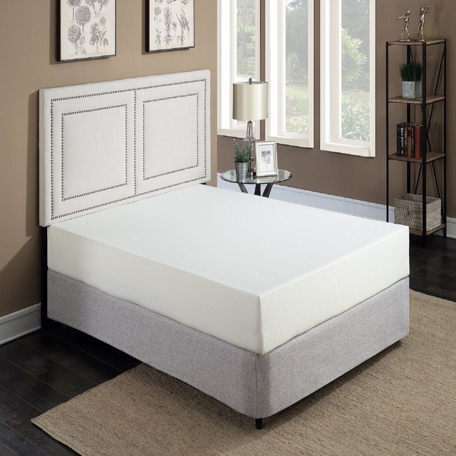 10in Plush Gel Memory Foam Mattress with Aloe Vera cover on white mattress atop gray base in a beige bedroom on Tampa Home & Garden Store