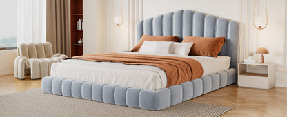 Velvet Upholstered Queen Bed with Shell Headboard