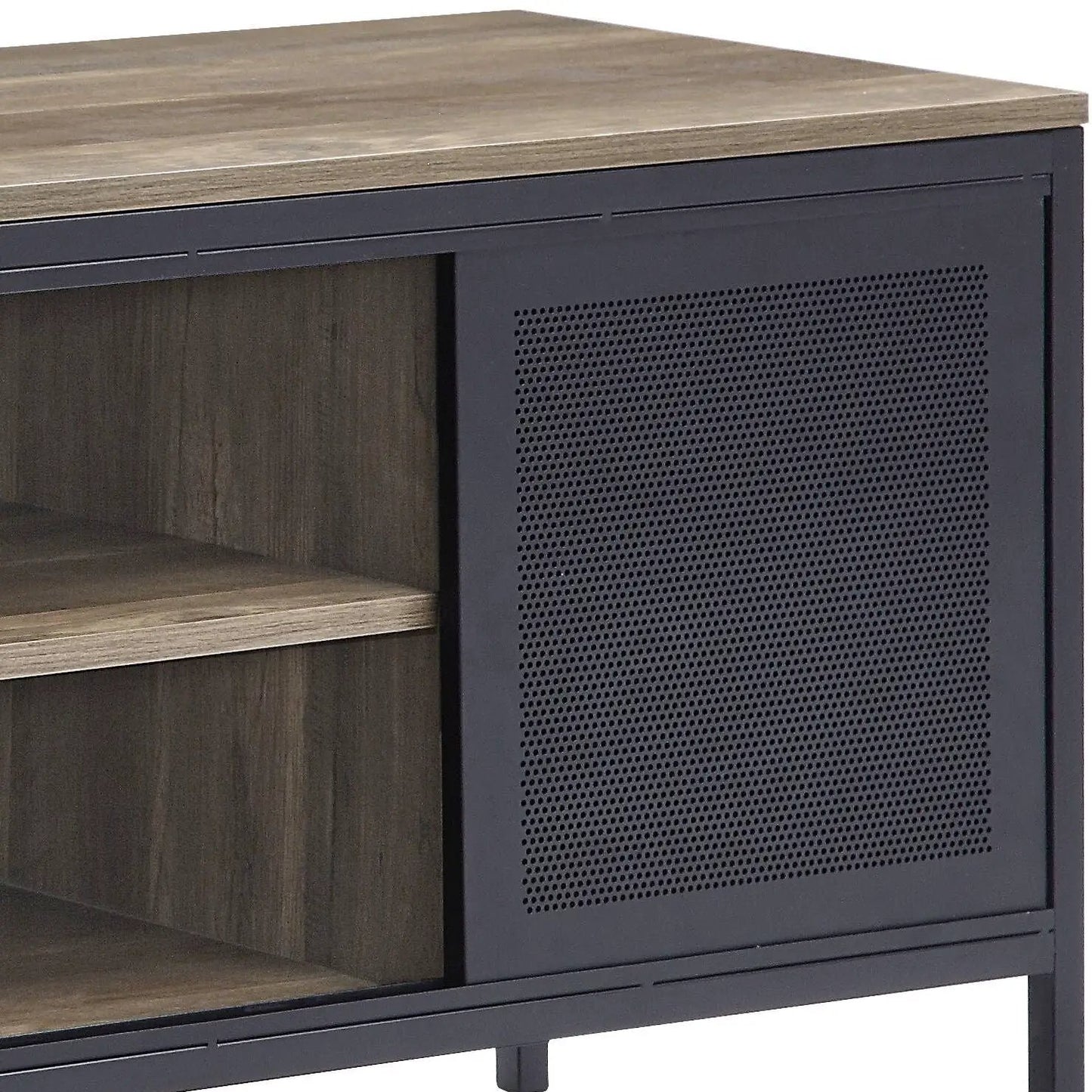 Nantan Rustic TV Stand in dark metal with perforated panel door and wood top on Tampa Home & Garden Store