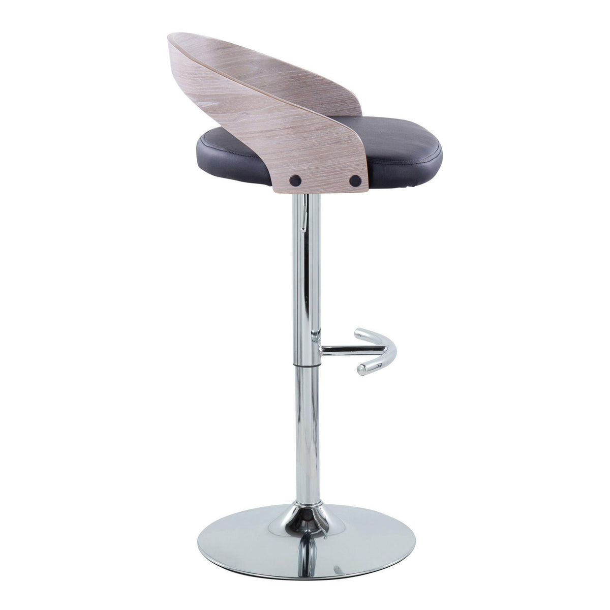 Contemporary adjustable barstool with black cushion seat, wood back, chrome pedestal base on Tampa Home & Garden Store