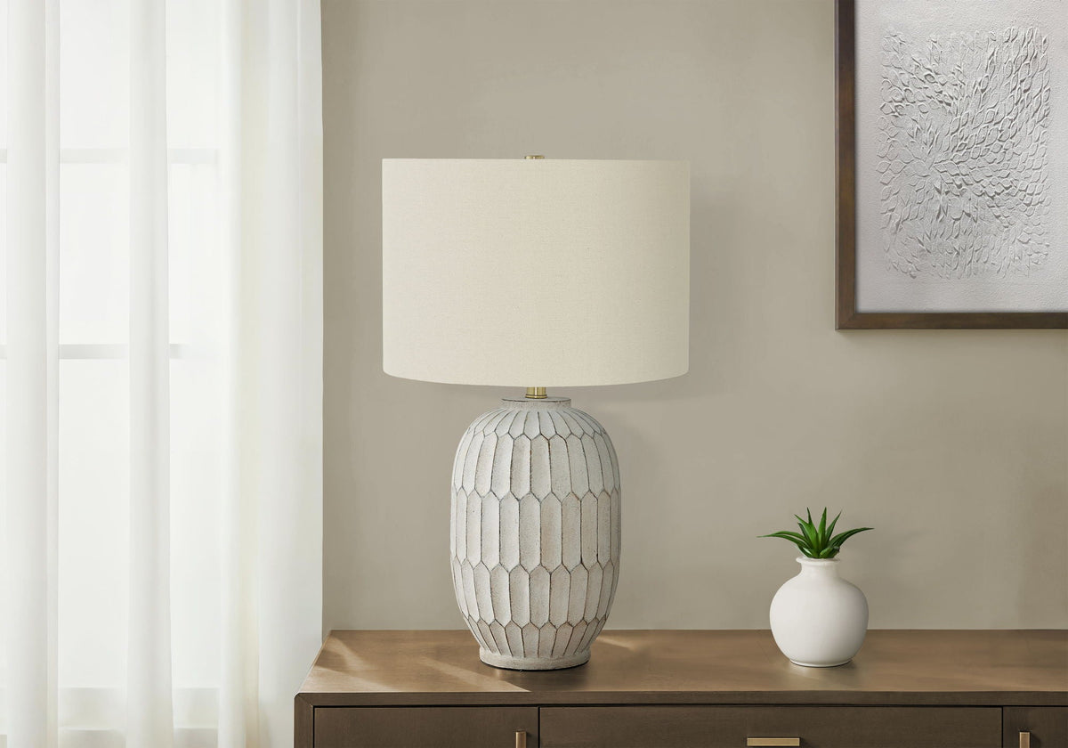Table lamp cream textured ceramic base with panels and cream shade on dresser on Tampa Home & Garden Store
