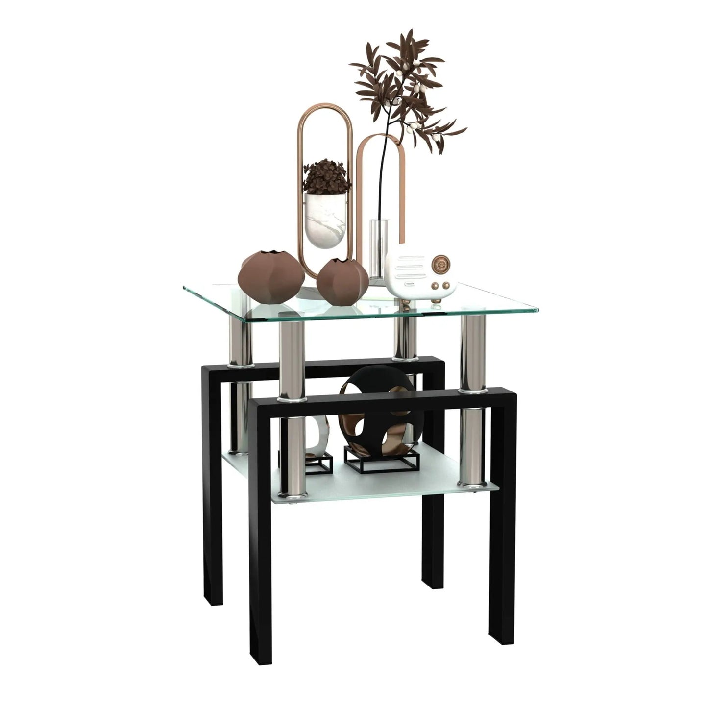 Modern tempered glass tea table with rose-gold frame and black base, end table Unique Piece on Tampa Home & Garden Store