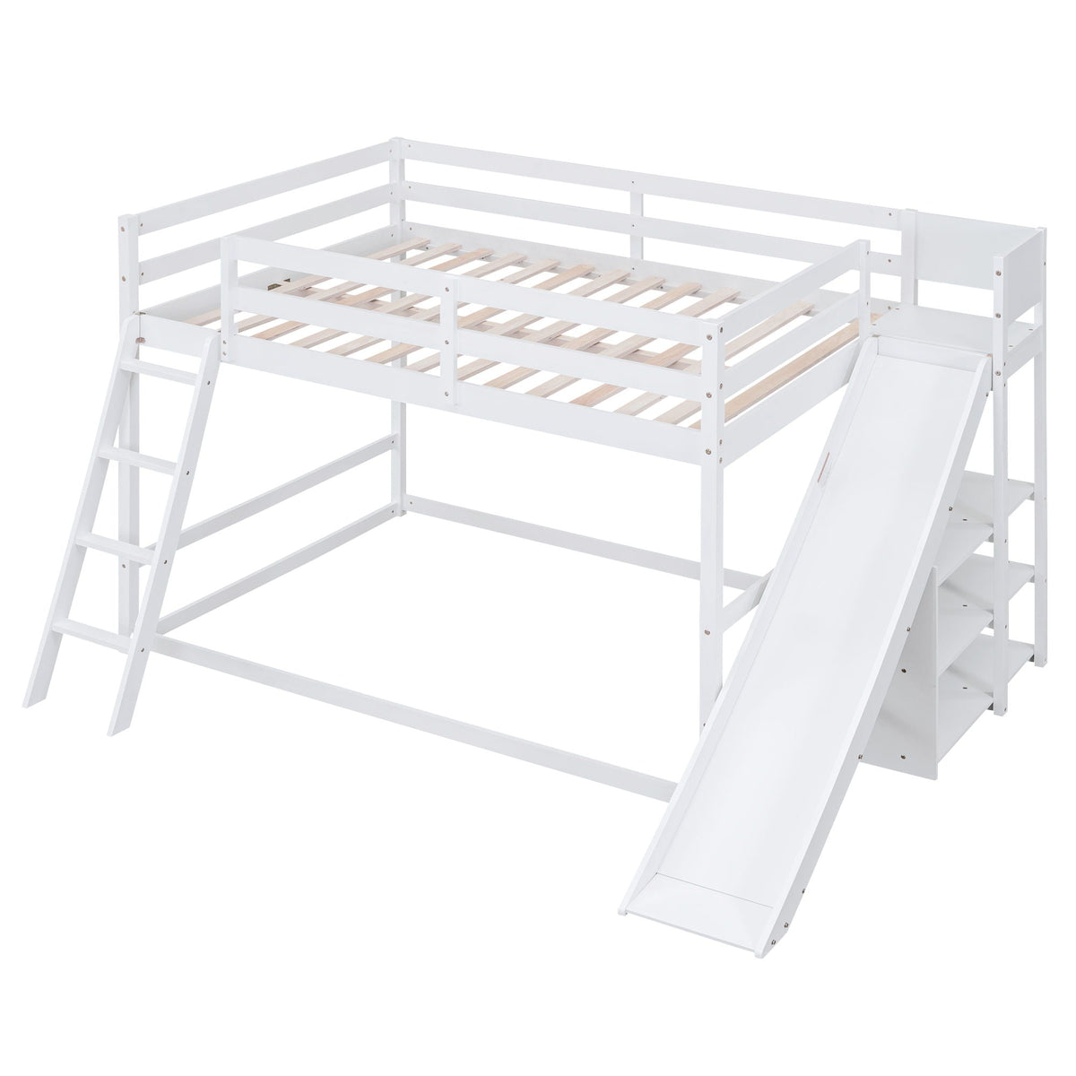 Bunk bed with ladder and slide, white frame, pine slats, built shelves by HouseOfZazla on Tampa Home & Garden Store