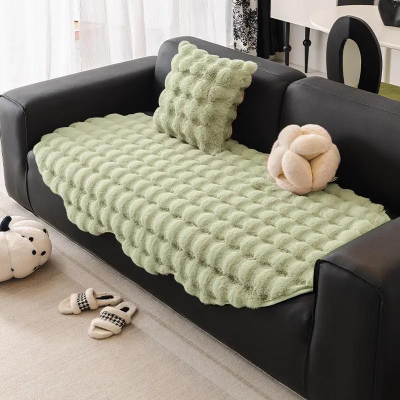 Autumn and Winter Thickening Irregular Sofa Cushion in soft green plush tufted on black sofa on Tampa Home & Garden Store
