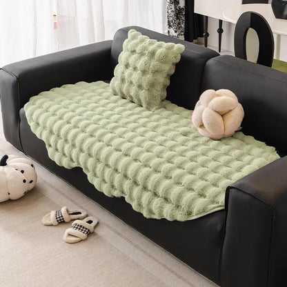 Autumn and Winter Thickening Irregular Sofa Cushion in soft green plush tufted on black sofa on Tampa Home & Garden Store