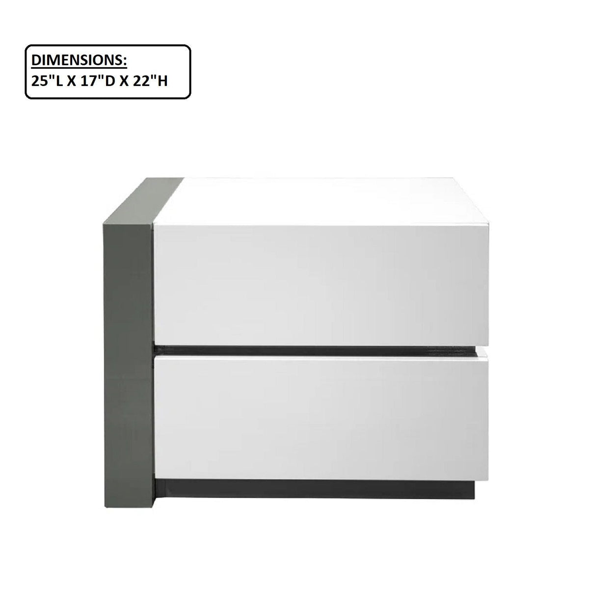 White high-gloss nightstand with two drawers, dark side panel, HouseOfZazla accent nightstand on Tampa Home & Garden Store